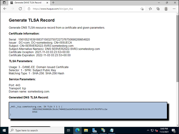 Snapshot of the page generated the TLSA record and now you can install it.