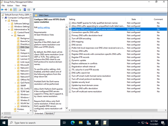 Snapshot of the new DoH feature can be configured via Group Policy.