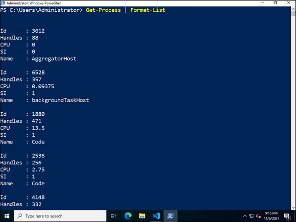 Snapshot of Get-Process formatted into a list rather than the usual table format.