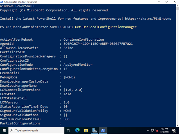 Snapshot of checking the current settings for LCM is simple to do in PowerShell with the Get-DscLocalConfigurationManager command.