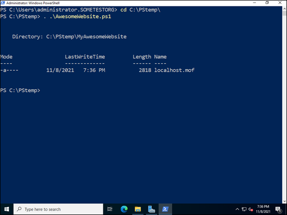 Snapshot of compiling the PS1 into an MOF file is done by running the PowerShell script as you normally would.