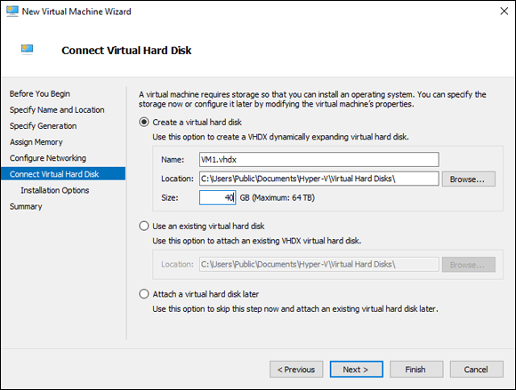 Snapshot shows that to create the virtual hard disk, you specify the name, size, and location of the disk.