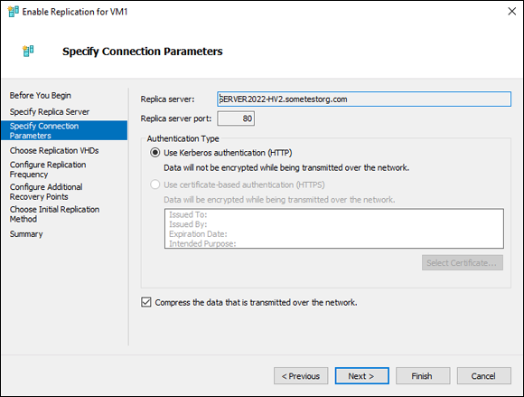 Snapshot of making sure that the connection parameters match what you set on the Hyper-V Replica.