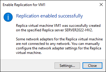 Snapshot of the message indicates that the initial replication was successful and that you need to connect to the other Hyper-V host and connect the virtual network adapters to a virtual switch.