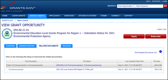 Snapshot of Search for grants.
