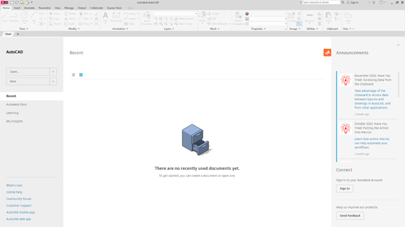 Snapshot of AutoCAD's Start screen.