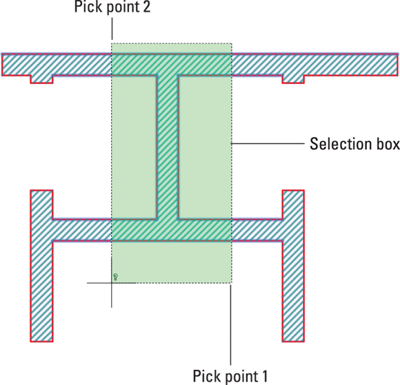 Snapshot shows a crossing selection box, drawn from right to left, selects 11 objects that are completely or partially within the box.