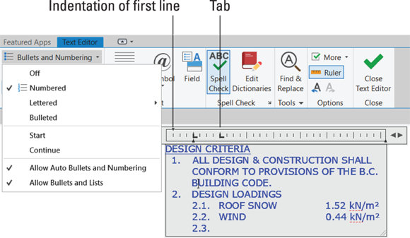 Snapshot shows tabs, indents, and automatic numbering are set to create numbered lists.