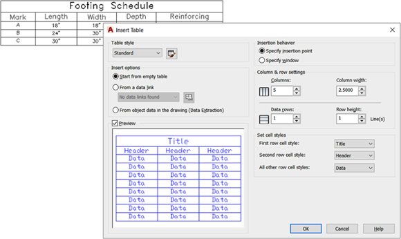 Snapshot shows the Insert Table dialog box and one result of using it.