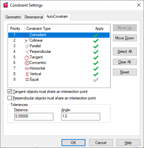 Snapshot shows Auto-constrainable geometric relations in the Constraint Settings dialog box.