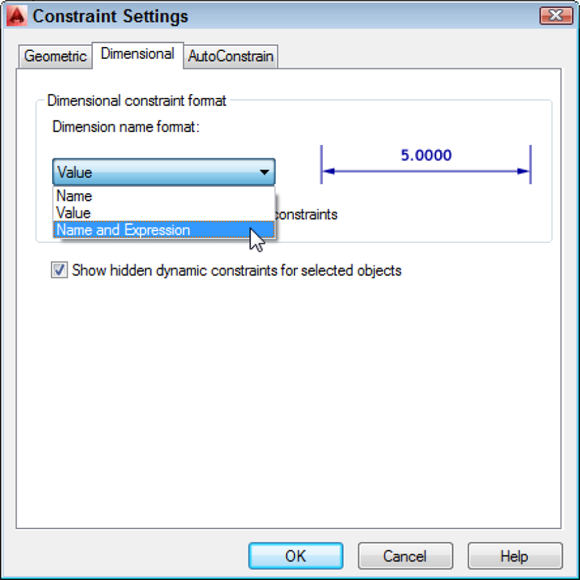 Snapshot shows Format the appearance of dimensional constraints in the Constraint Settings dialog box.