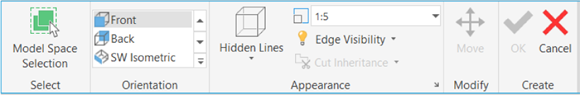 Snapshot of the Drawing View Creation context tab of the Ribbon.