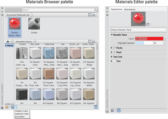 Snapshot shows adding color and texture to a 3D model with the Materials Browser palette (left) and the Materials Editor palette (right).