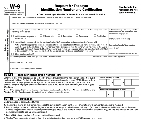 An illustration of Form W-9 is where you their share tax identification numbers and details with people who hire you (or get that information from people you hire).