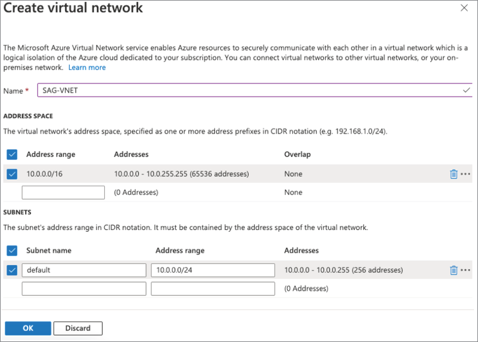 Snapshot of Azure portal: Virtual Network