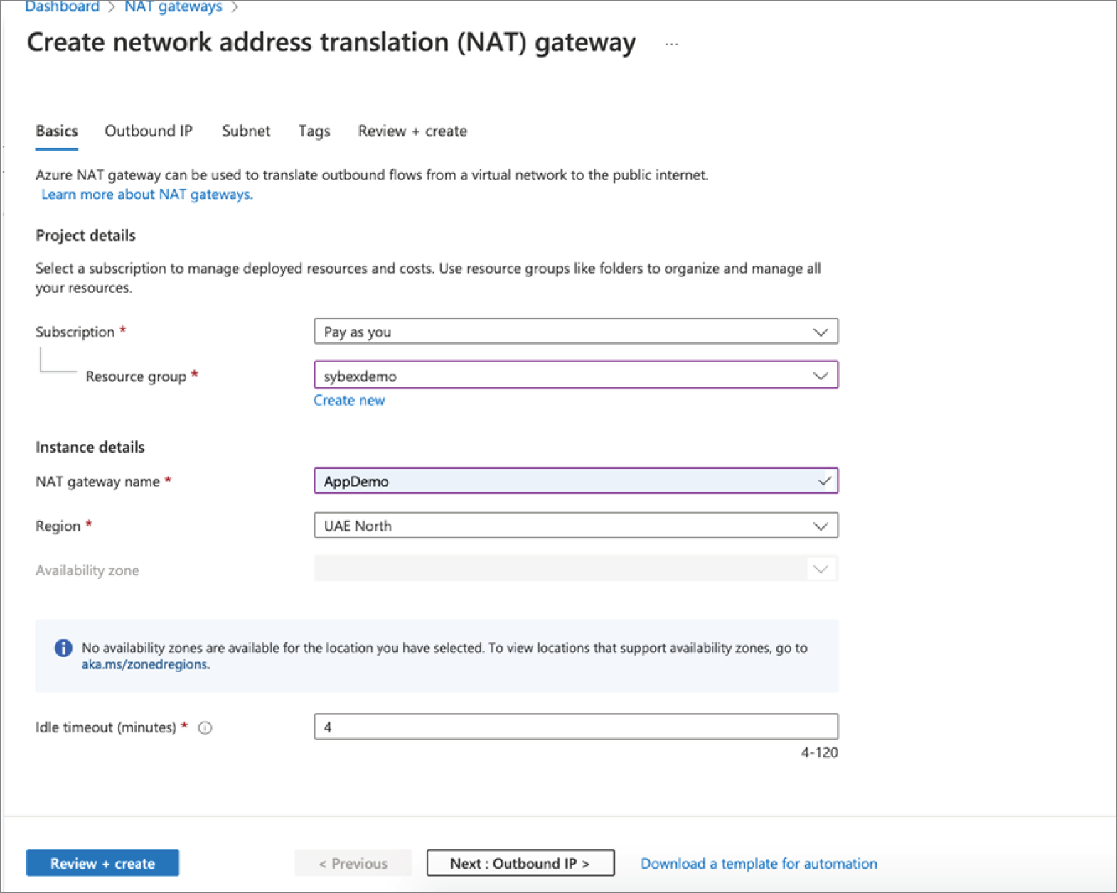 Snapshot of Create Virtual Network: Basics