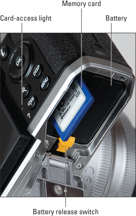 Snapshot shows the battery and memory card go into the compartment on the bottom of the camera.