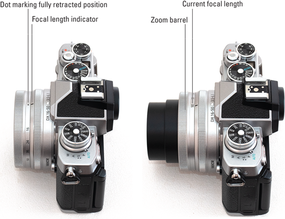 Snapshot shows the 16–50mm kit kit lens in its retracted position (left) and extended position (right).
