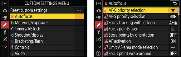 Snapshot shows the Custom Settings menu contains seven submenus of advanced options.