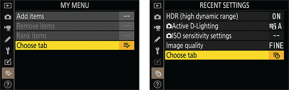 Snapshot shows My Menu enables you to design a custom menu; Recent Settings offers quick access to the most recent menu options you selected.