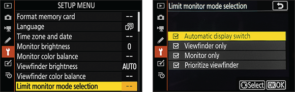 Snapshot shows the Setup menu option determines how many settings are available when you press the Monitor mode button.
