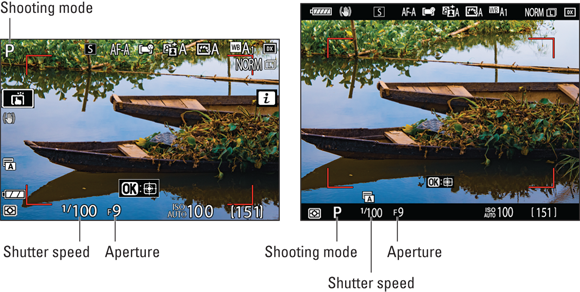 Snapshot shows the default monitor and viewfinder displays show the Shooting mode, shutter speed, and aperture settings.