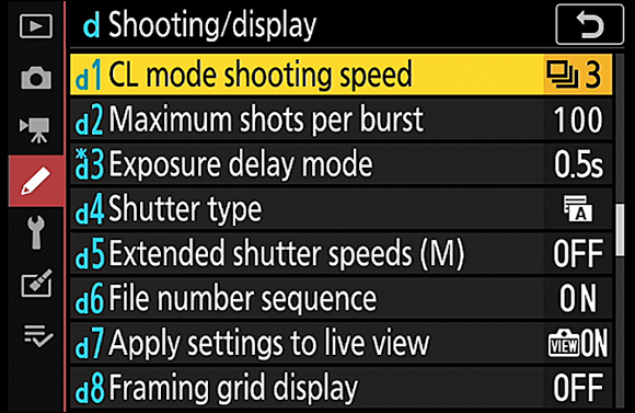 Snapshot shows setting the Continuous Low frame rate here or by using i menu options.