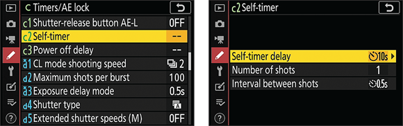 Snapshot shows the only way to adjust all three Self-Timer settings is via this Custom Settings menu option.