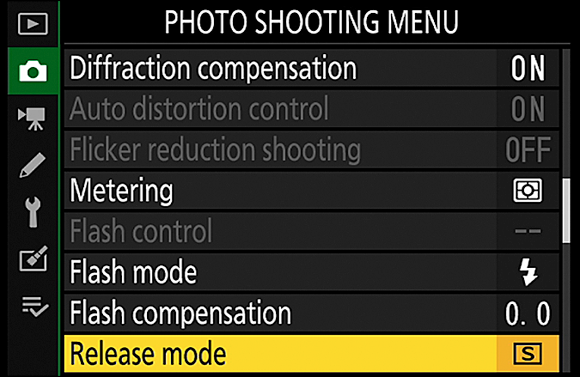 Snapshot shows use the menu option to set the Release mode, but it doesn’t let you adjust the Continuous Low and Self-Timer settings.