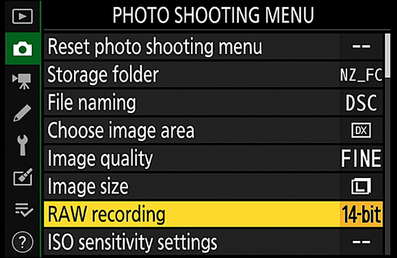 Snapshot shows Choose this menu option to specify the bit-depth of Raw files.