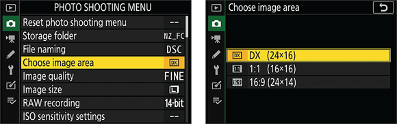 Snapshot shows Change the Image Area setting via the Photo Shooting menu.