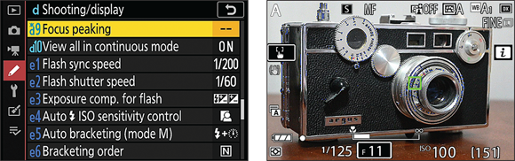 Snapshot shows the Focus Peaking option displays colored outlines around areas that are in sharpest focus.