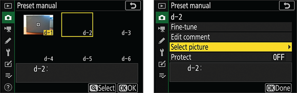 Snapshot shows Select a preset (left) and then choose Select Picture (right) to base a preset on an existing image.