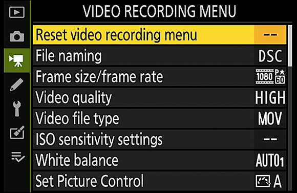 Snapshot shows using the Video Recording menu, not the Photo Shooting menu, to select settings.