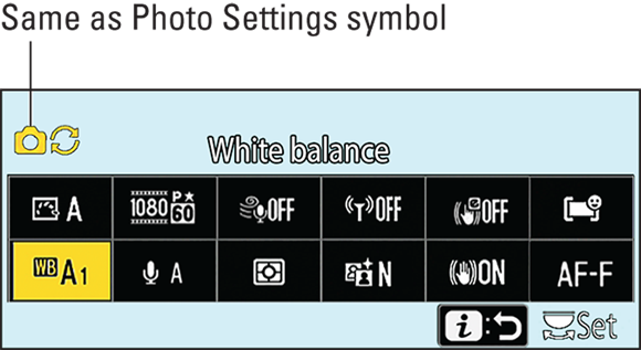 Snapshot shows the symbol means that the Same as Photo Settings option is selected on the Video Recording menu.