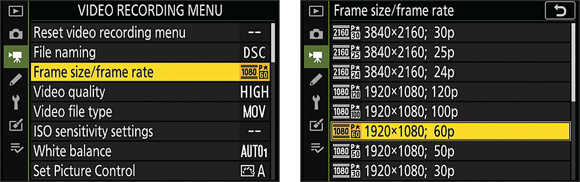 Snapshot shows Choose Frame Size/Frame Rate from the Video Recording menu to see the frame width as well as frame height for each setting.