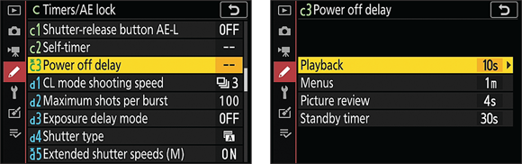 Snapshot shows the setting determines how long pictures are displayed before the monitor shuts down to save battery power.