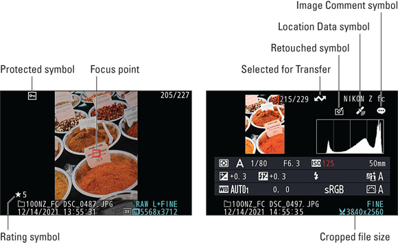 Snapshot shows the symbols represent the focus point and after-the-shot features you used.