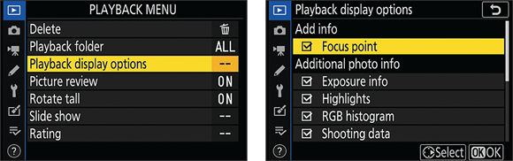 Snapshot shows Enable the display options you want to use via this Playback menu setting.