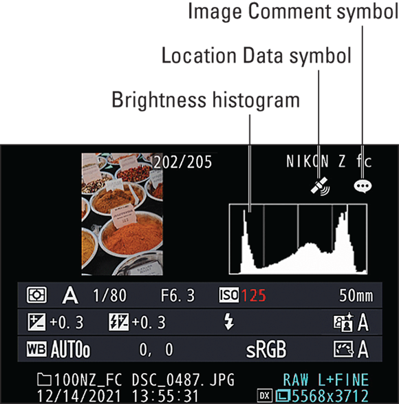 Snapshot shows an overview mode shows a Brightness histogram and the major settings you used to take the picture.