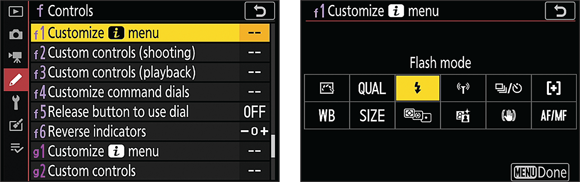 Snapshot shows customizing the i menu for photography via this Custom Settings menu option.