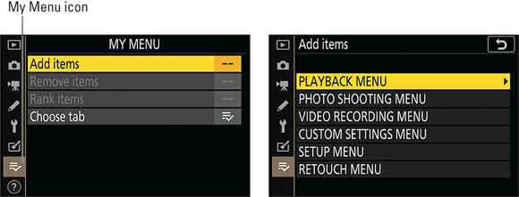 Snapshot shows Display the My Menu screen, choose Add Items, and then select a menu that contains an option you want to put on the menu.