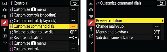 Snapshot shows changing what the command dials do during shooting and playback via these settings.