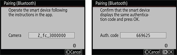 Snapshots show the camera displays its name (left) and a Bluetooth authorization code (right).