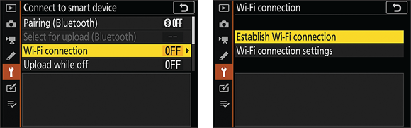 Snapshots show Choose these Connect to Smart Device options to connect via Wi-Fi.