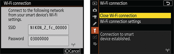 Snapshots show the camera displays its network name and password (left) and then lets you know when the connection is active (right).