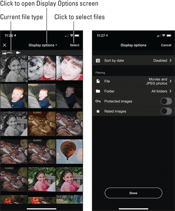 Snapshots show opening the Display Options menu to specify the types of files you want to view and upload.