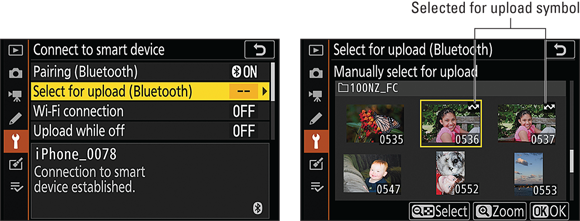 Snapshots show when you connect devices via Bluetooth, select JPEG photos for upload via this camera menu option.