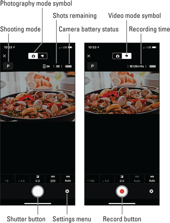 Snapshots show the remote control screens as they appear for photography (left) and video recording (right) when you use a Wi-Fi connection.