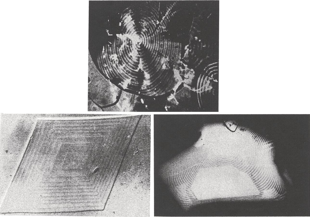 Schematic illustration of examples of spiral crystal growth.